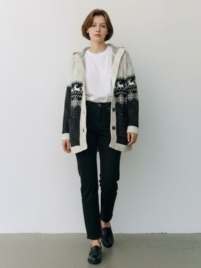 Hand Knit Cardigan Sweater Fair Isle Handmade Christmas Holiday Beige Black Smal